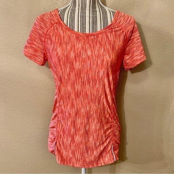 Velocity Athletic Top Large Coral Burgundy Grey Stripes Short-Sleeve Stretch - Picture 1 of 12